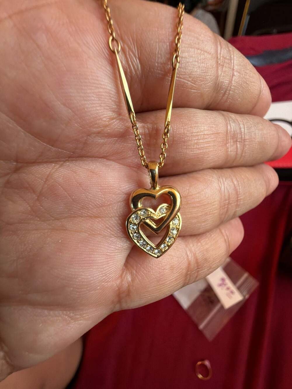 Gold Tone Interlocking Double Heart Pendant Necklace with Rhinestones